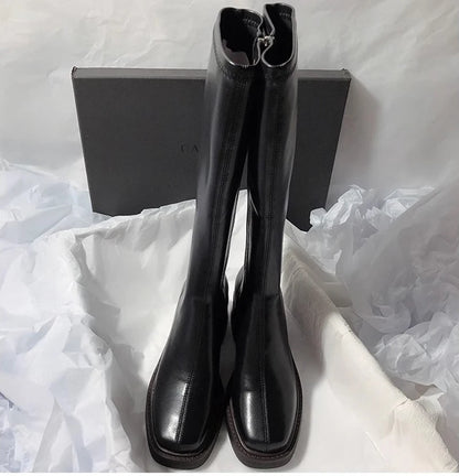 Vintage Thick Heel Women Knee High Boots Fashion Side Zippers Shoes Autumn Winter Ladies Concise Long Botas De Mujer.