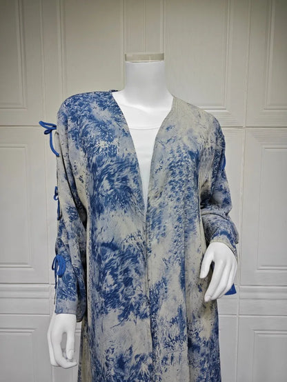 2025 sommer Arabisch Frauen Muslimische Kleidung Ramadan Dubai Offene Abaya Kleid mit Hijab Islam Gedruckt Chiffon 2 Stück Outfit