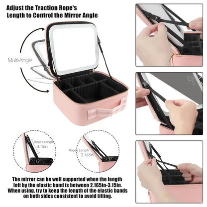 Makeup Bag with LED Mirror Travel Large Train Case Cosmetic Organizer Make Up Bags with 3 Color Lights and Adjustable Dividers.