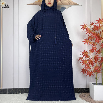 2024New Pure Cotton Ramadan Muslim Two-Hat Abaya Dubai Turkey Islam Prayer Clothes Loose Robe Islamic Women Traditional Clothing.