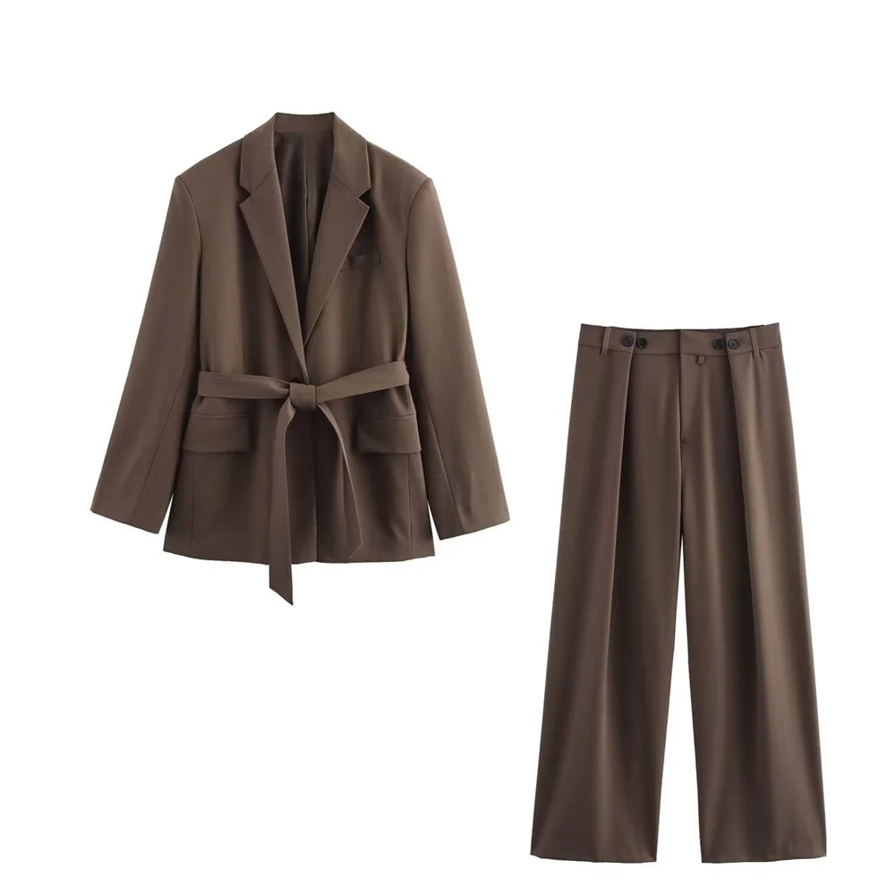 Spring and Summer New Product Women's Wear with Belt Straight Sleeve Casual Suit Coat Waist and Pants Set.