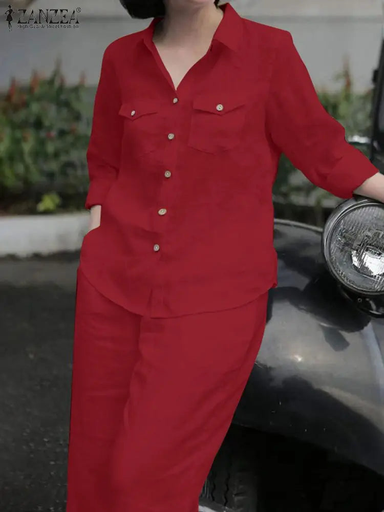 Elegant Autumn Women Matching Sets Long Sleeve Shirt Wide Leg Pants ZANZEA Casual Solid OL Work Suit Tracksuits Holiday Outfits