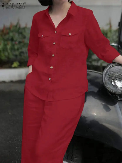 Elegant Autumn Women Matching Sets Long Sleeve Shirt Wide Leg Pants ZANZEA Casual Solid OL Work Suit Tracksuits Holiday Outfits