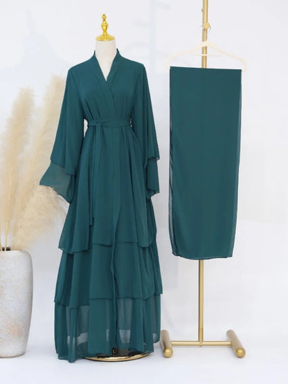Eid Muslim Abaya for Women Chiffon 3 Layers Cake Party Cardigan Robe Jalabiya Dresses Ramadan Morocco Abayas Kaftan Vestidos