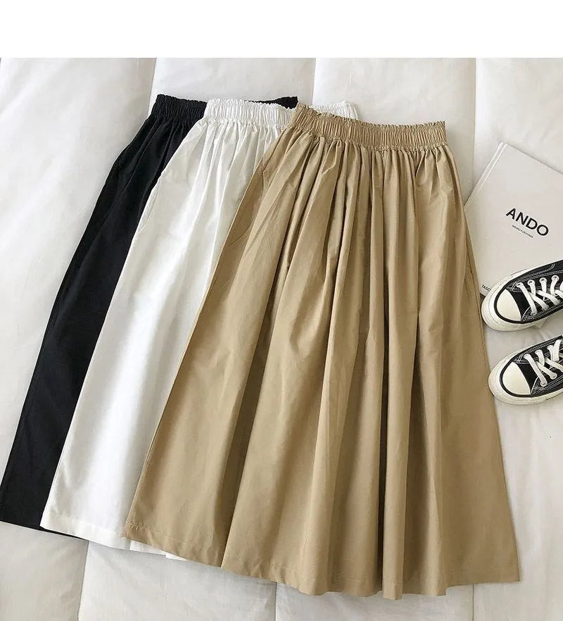 Women Black skirt midi High waist korean style Pleated a line Vintage Clothing 2025 new Summer Casual Fashion Ladies Work Wear.