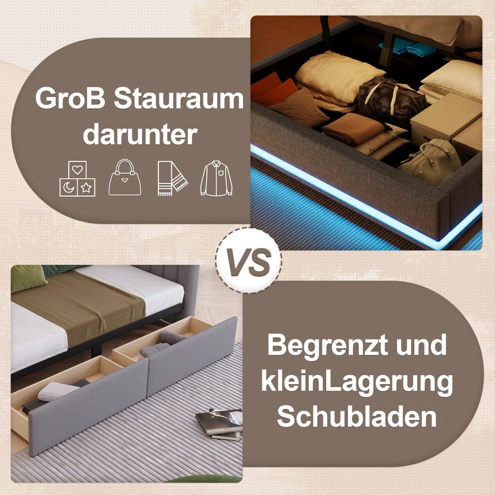 140*200cm Polsterbett mit LED-Lichtleiste und mehreren Ablagefächern, für Schlafzimmerwäsche, Beige (ohne Matratze)