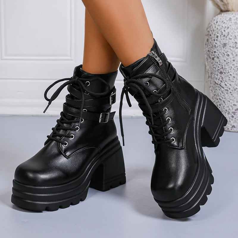 Fashion Buckle Cunky Platform Ankle Boots Women Lace Up Super High Heel Punk Boots Woman Pu Leather Thick Heels Motorcycle Botas.