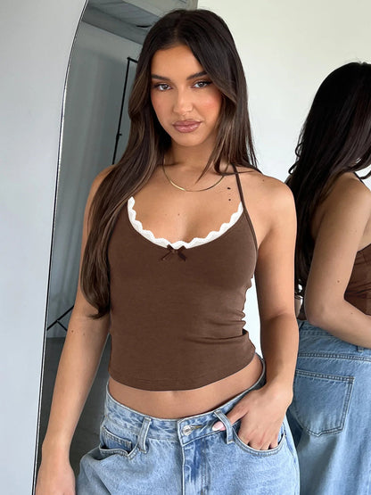 Neue Hals hängende Weste Damen Y2K Sexy Crop Top mit freiliegendem Nabel BM Strapsbasis und ärmelloses Slim Fit Top Tank Top