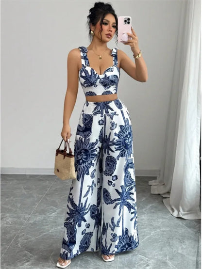 Sexy Strapback Halter Tops Long Pants Female 2-piece Set Summer Fashion Printed Wide-leg Pocket Trousers Elegant Women's Suit.