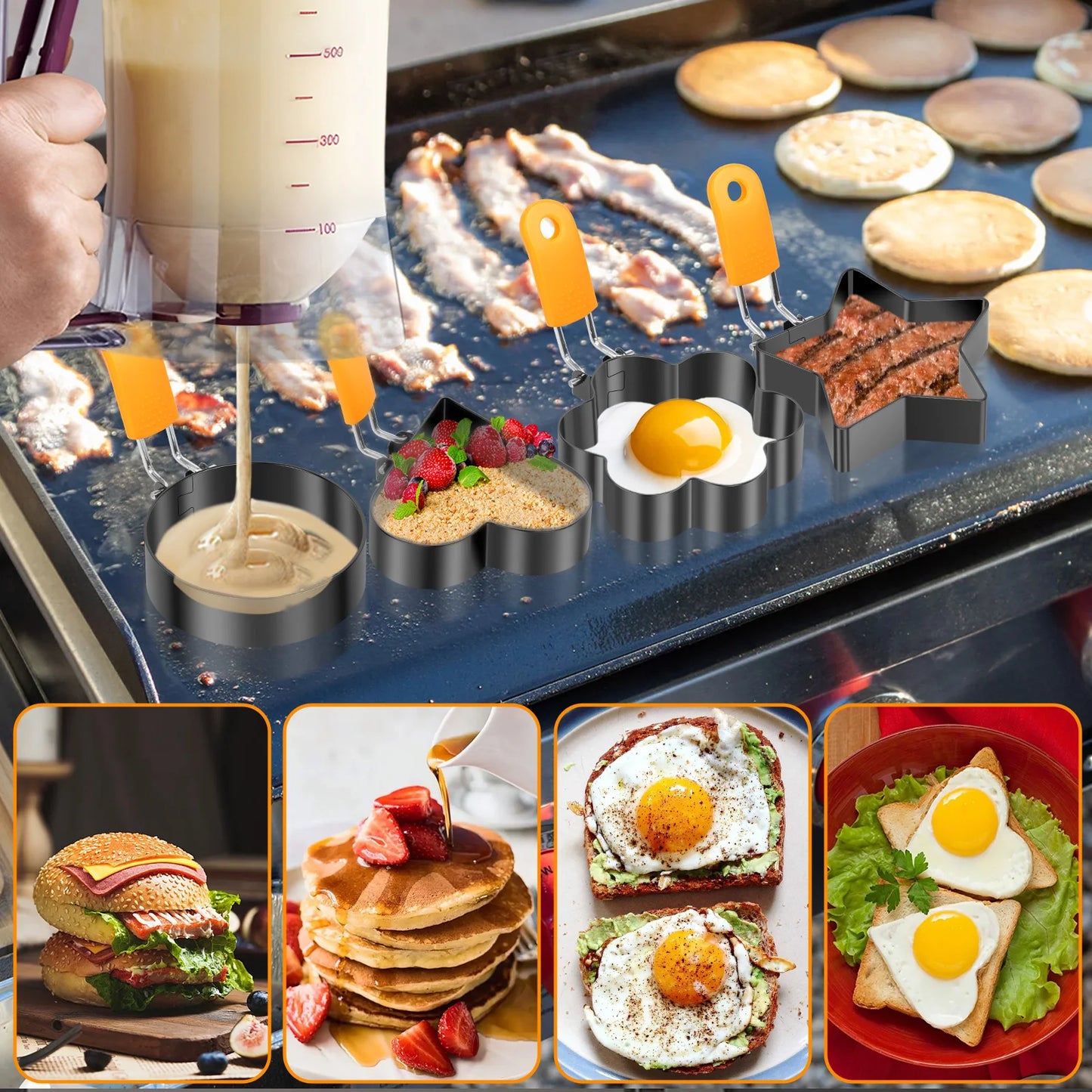 Handheld Batter Dispenser with Fried Egg Mold Set Pancake Cupcake Batter Dispenser Muffin Waffles Pastry Paste Distribution Tool.