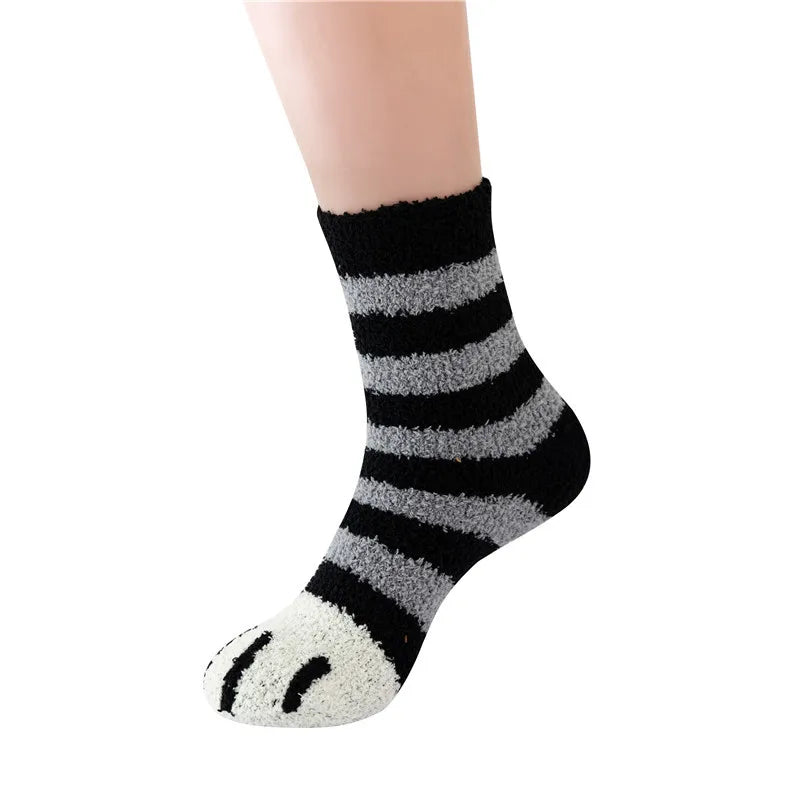 Women Winter Warm Fluffy Socks Cute Animal Claw Cat Paw Footprint Fuzzy Socks Female Thick Coral Fleece Home Floor Sleep Socks.