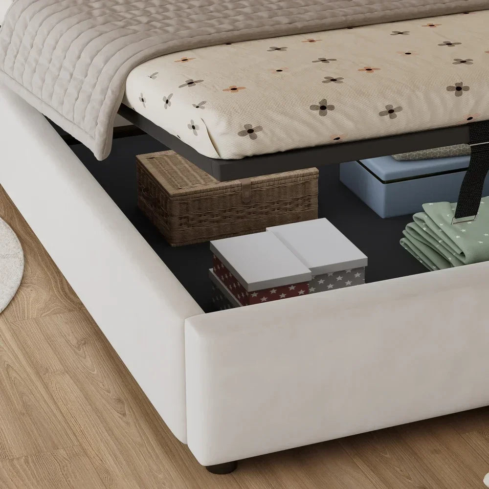 Polsterbett, Einzelbett, süßes Katzendesign, hydraulisches Bett mit Stauraum und Gürtelgriffen, stabiler Gitterrost, 90 x 200 cm