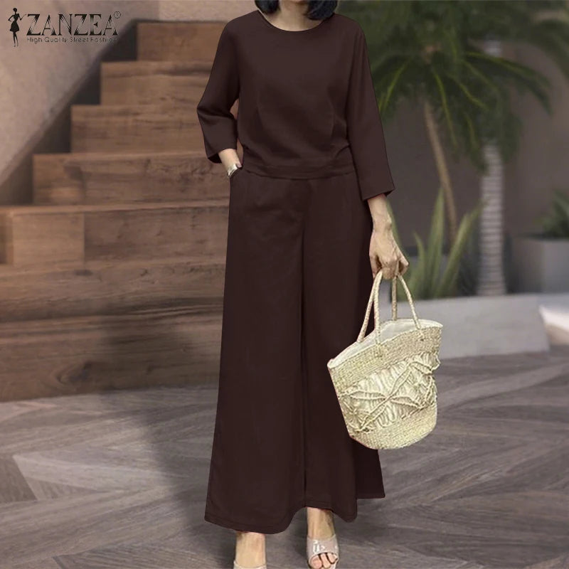 ZANZEA 2025 Women Autumn Matching Sets Solid Outfits Vintage Casual O Neck Long Sleeve Tops Pant Sets Fashion OL Work Tracksuit.
