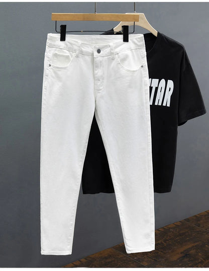 Men's Jeans Spring Summer Thin Slim Fit Elastic Cotton Soft Straight Denim Ankle Length Pants Korean Youth Fashion Trousers.