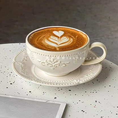 French Retro Relief Flower Cup and Dish Set, Ceramic Coffee Cup, Afternoon Tea Latte Cup, Artistic Home Decoration, Holiday Gift.