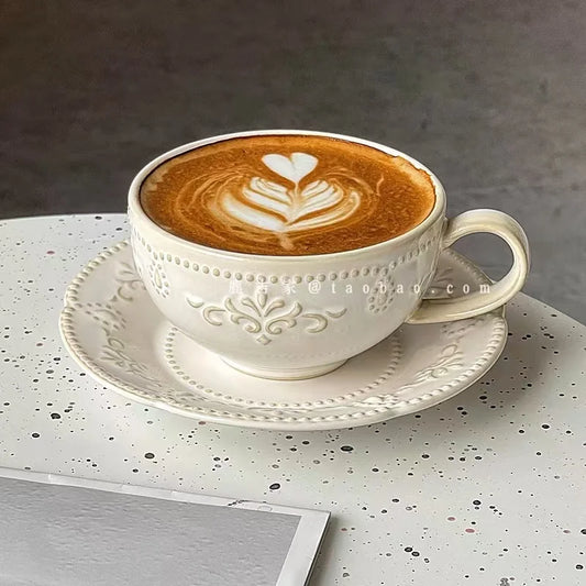 French Retro Relief Flower Cup and Dish Set, Ceramic Coffee Cup, Afternoon Tea Latte Cup, Artistic Home Decoration, Holiday Gift.