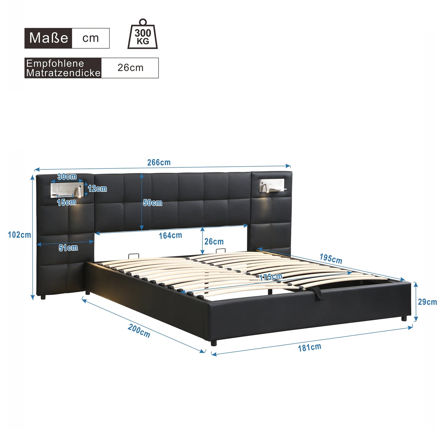 Polsterbett 180 x 200 cm, hydraulisches Bett, mit USB-Anschluss, kabelloses Laden und beleuchteter Lampe, mit Stauraum