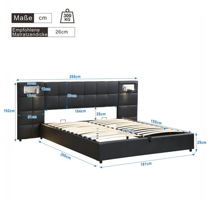 Polsterbett 180 x 200 cm, hydraulisches Bett, mit USB-Anschluss, kabelloses Laden und beleuchteter Lampe, mit Stauraum