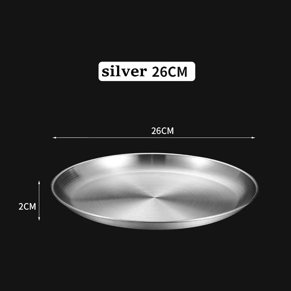 1Pcs Gold Stainless Steels Metal Round Plate Rust-Proof Shallow Tray Plate Camping Plate BBQ Picnic Dishes Cookware Tableware