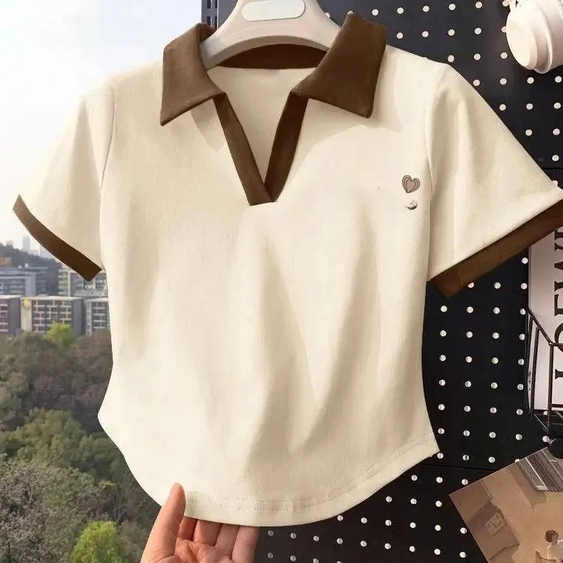 White Short Sleeve Popl Shirt Women's Summer T-shirt 2025 New Style Korean Version Small Size Shoulder Collar Top Cotton Materia