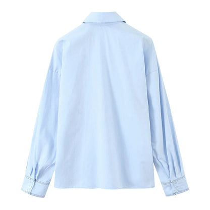 KONDALA Fall Women Elegant Blue Shirt Lapel Waist Buttons Shirt Office Lady Tops New 2025 Spring Autumn Fashion Commuter Shirt.
