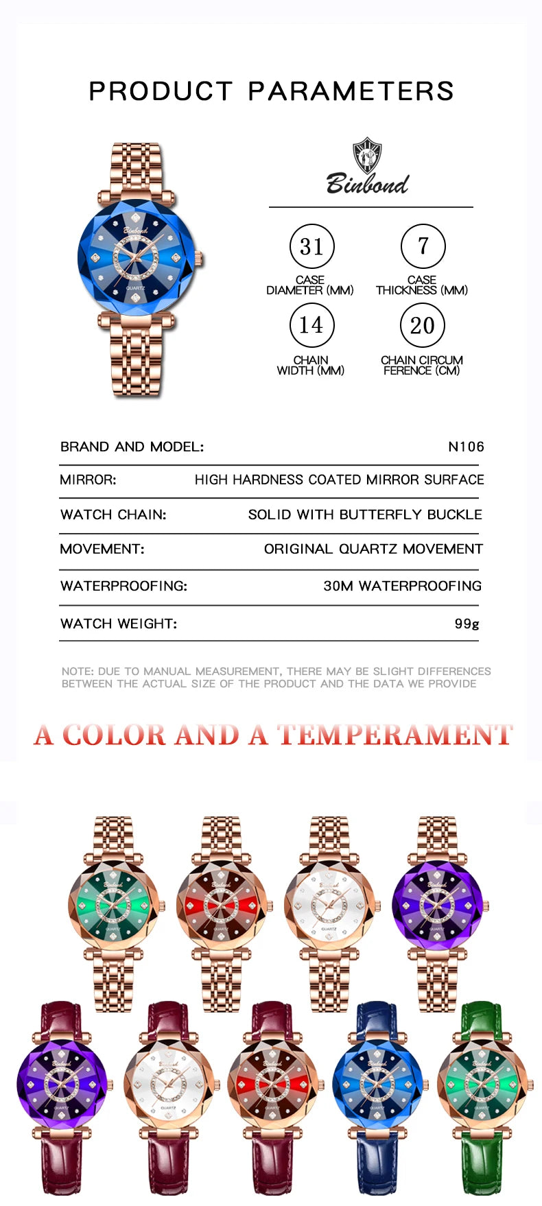 BINBONDN10 Women's Watches Elegant Fashion Original Quartz Watch for Lady Heart of the Ocean Design Waterproof Luminous Diamond.