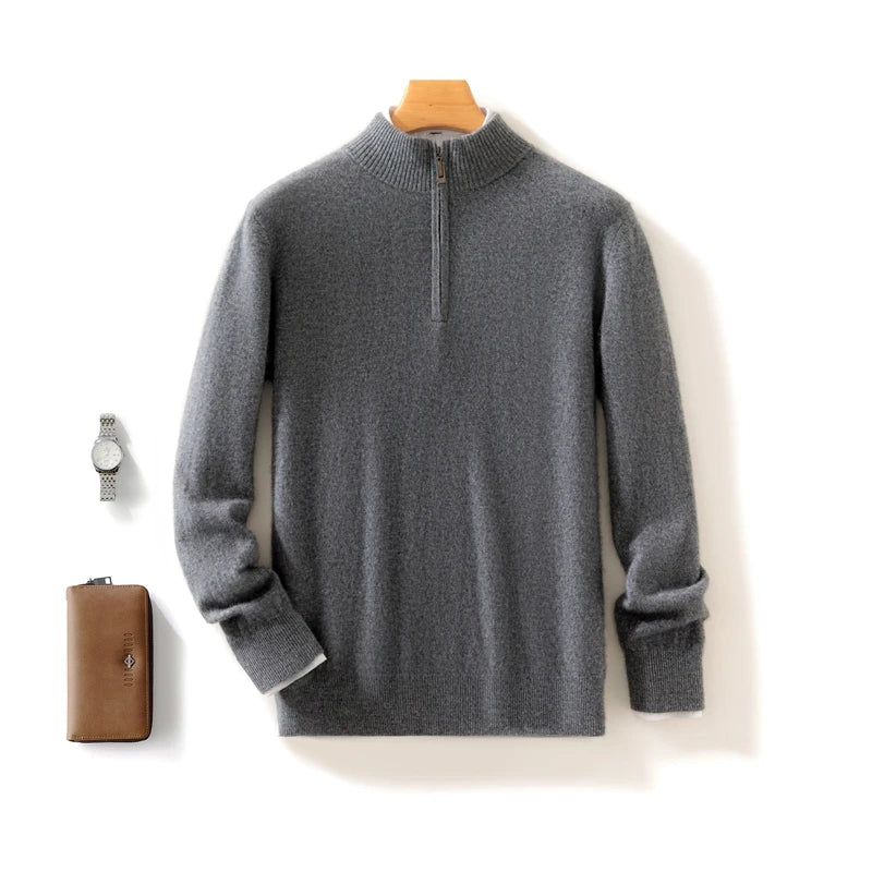 Autumn Winter Men's 100% Merino Wool Sweater Mock Collar Half Zip Knitted Pullover Cashmere Sweatshirt Casual Long Sleeved Tops.