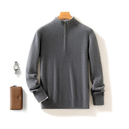 Autumn Winter Men's 100% Merino Wool Sweater Mock Collar Half Zip Knitted Pullover Cashmere Sweatshirt Casual Long Sleeved Tops.