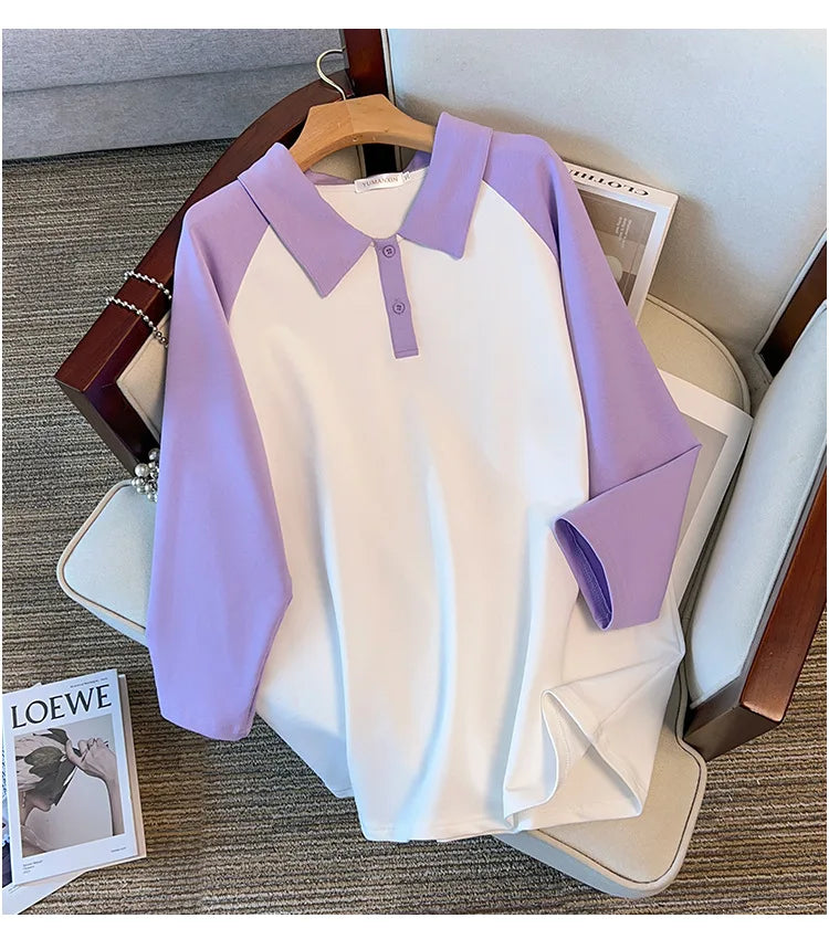 170kg plus size Damen büste Frühling Herbst loser Polo kragen kontrastieren des Sweatshirt schwarz lila 4xl 5xl 6xl 7xl 8xl 9xl.