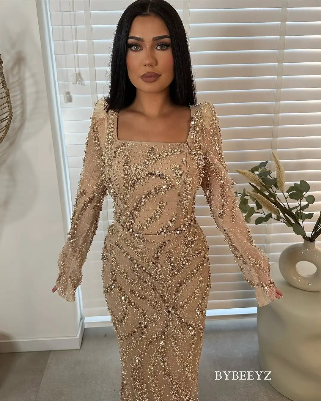 BABYONLINE Maßgeschneidertes Abendkleid All CoPearl Sleeve Full Crystals Etuikleid Abiye