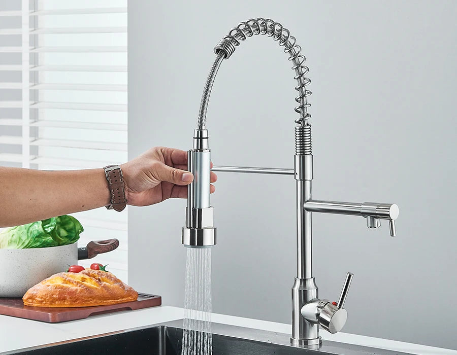 Pull Down Spring Kitchen Faucet Single Lever Hot Cold Mixer Water For Kitchen Sink Dual Spout Nozzle Faucets Crane