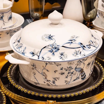 Blue Peacock Bone China Dining Plate Blue and White Kitchen Tableware Flower Ceramic Tableware Home Dining Bar Main Course Plate.