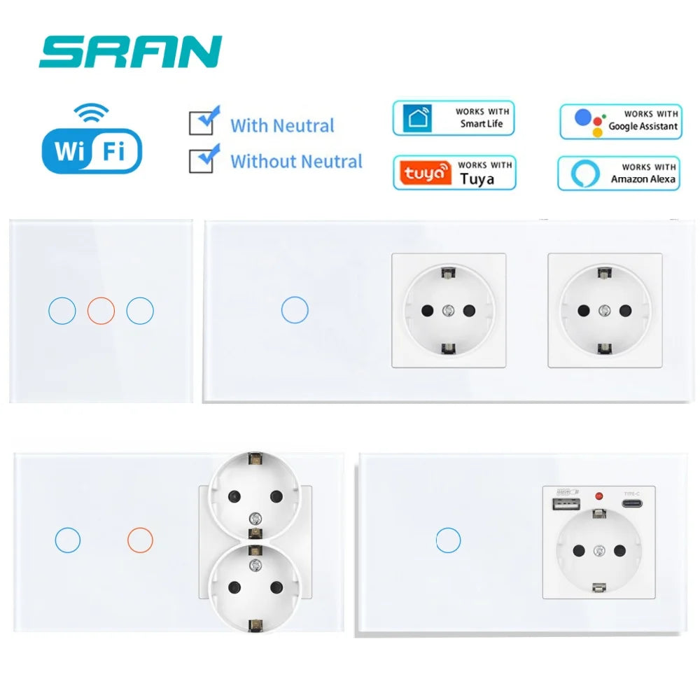 SRAN Smart Switch mit Wandsteckdose 16A EU, Tuya Smart Life Home Touch Sensor WiFi Lichtschalter Weiß.