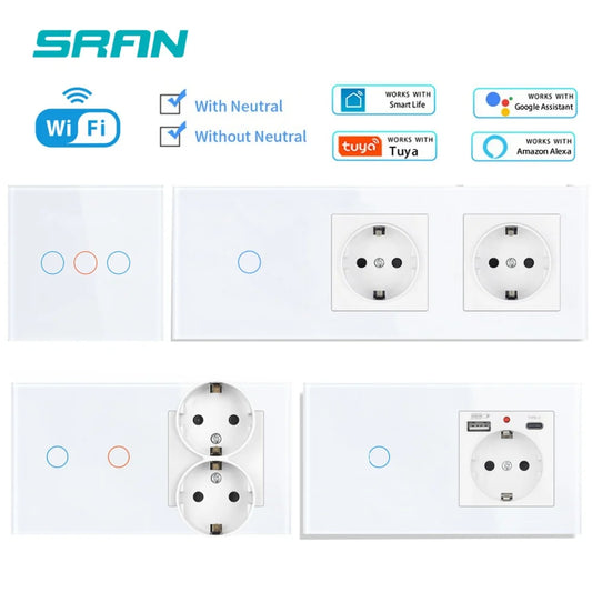 SRAN Smart Switch mit Wandsteckdose 16A EU, Tuya Smart Life Home Touch Sensor WiFi Lichtschalter Weiß.