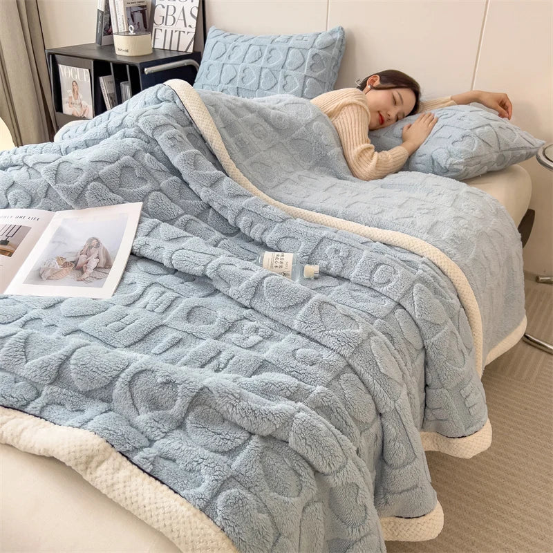 Heart Pattern Coral Fleece Blanket Autumn Winter Double Layer Thicken Warm Plush Blanket for Bed Fluffy Soft Sofa Throw Blankets