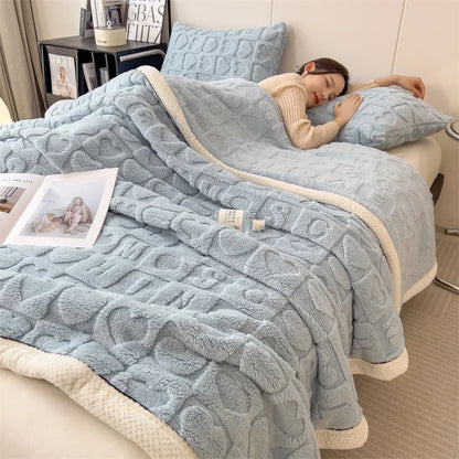 Heart Pattern Coral Fleece Blanket Autumn Winter Double Layer Thicken Warm Plush Blanket for Bed Fluffy Soft Sofa Throw Blankets