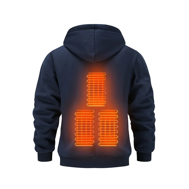 Mens USB Heated Jacket Winter Electric Heating Sweatshirt with Hood Warm Rechargeable Thermal Clothing for Outdoor Sports Skiing.