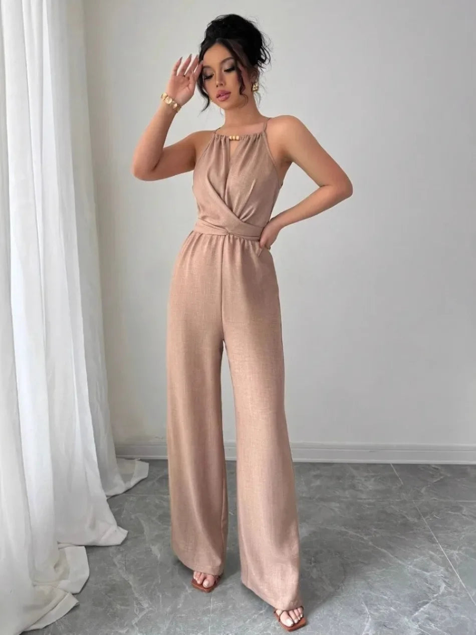 Woman Jumpsuits Elegant Summer Fold Off Shoulder Beads Jumpsuits Fashionable Slim Fit Belt Button High Waist Wide Legs Jumpsuits.