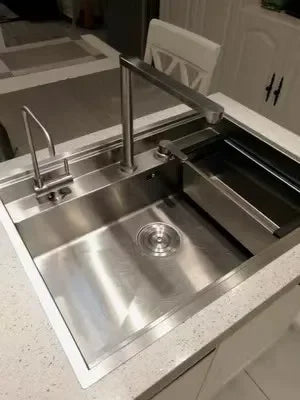 Hidden Stainless Steel Kitchen Sinks Modern Kitchen Accessories with Cover Kitchen Sink Dish Drainer Light Luxury Single Tank L