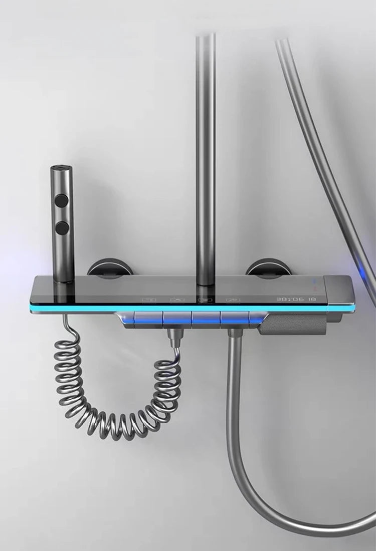 Bathroom Luxury Shower Faucet System with Lights Tempered Glass Shower Set Digital Display Copper Mixer Shower Faucet Set