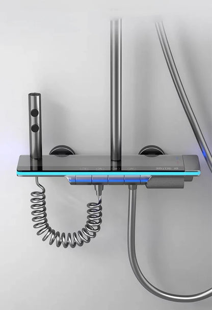 Bathroom Luxury Shower Faucet System with Lights Tempered Glass Shower Set Digital Display Copper Mixer Shower Faucet Set