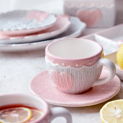 250ml Ceramic Tea Cup And Saucer Set Kawaii Bowknot Coffee Cup Dish Pink Wool Knitting Mug Microwave Safe.