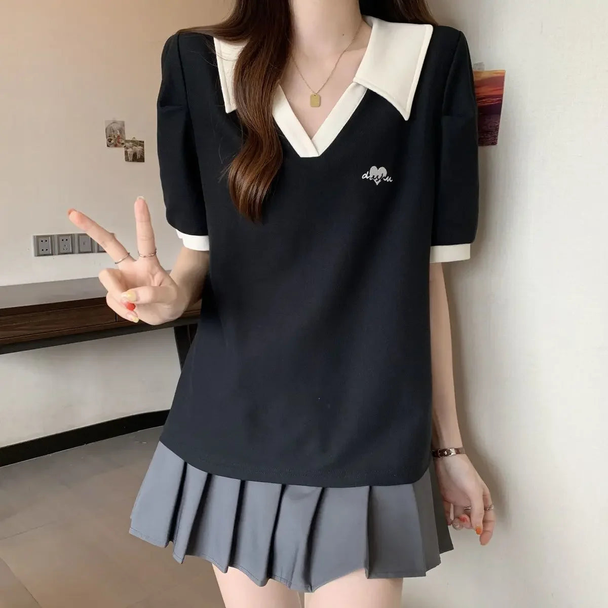 Plus Size Women's Casual Polo Neck Short Sleeve T-Shirt Slimming Belly Cover Summer Age Defying Shoulder Level Top.