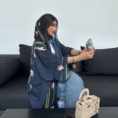 Uni Islamic Clothing Modest Abaya Women Muslim Dress Front Open Printed Abaya 2025 With Hijab Scarf Two Piece Set for Summer.