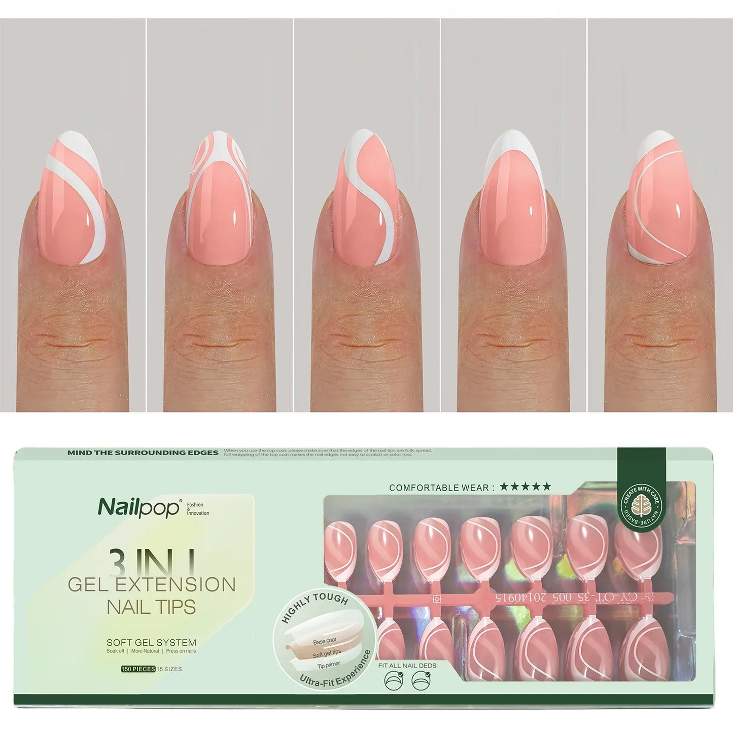 Nailpop 150Pcs French Gel Nail Tips Medium Almond Pre-Colored Press on Nails Skin Tones Soft Gel Nails False Nail Extensions.