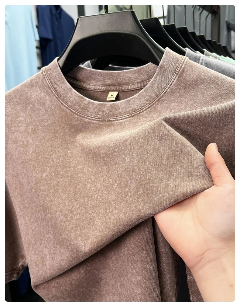 Personality washed vintage short sleeve T-shirt high-end 100% pure cotton men fashion round neck comfort lightweight casual top