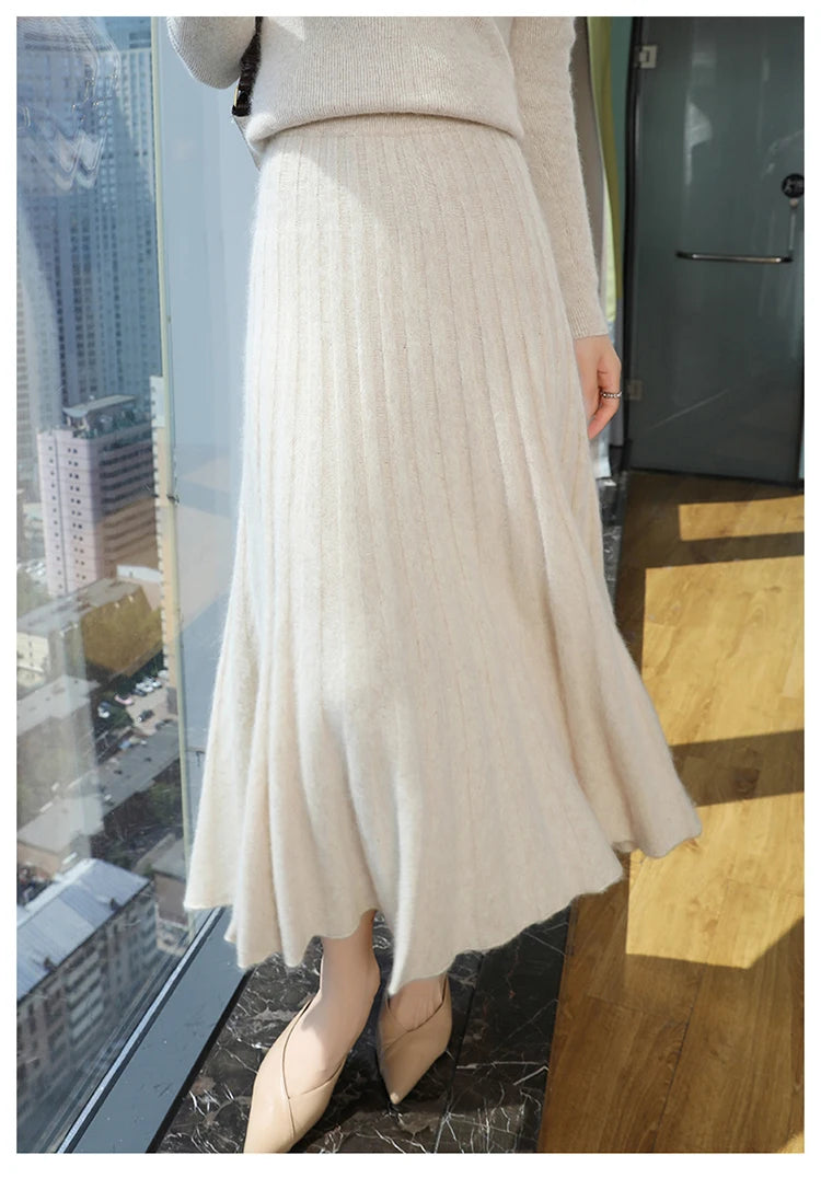 mink cashmere skirt Fashion long dress women A-line skirt autumn winter loose pleated skirt elegant high-waisted skirt ladies.