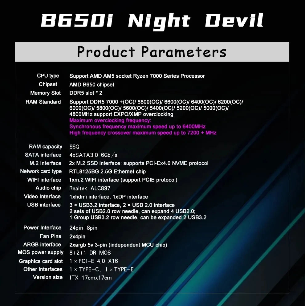 B650I Night Devil jginyue B650 Chipest B650 AM5 DDR5 mini itx pc motherboard gaming ARGB.