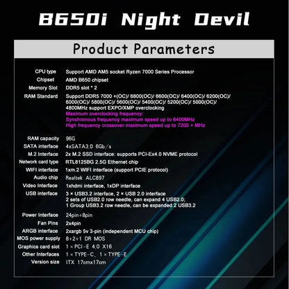B650I Night Devil jginyue B650 Chipest B650 AM5 DDR5 mini itx pc motherboard gaming ARGB.