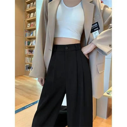 Fashion High Waist Wide Leg Pants Women Spring Fall Baggy Black Trouser Office Ladies Full Length Straight Suit Pant Outwear New.